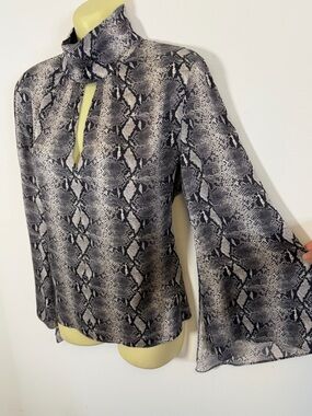 Generation Love Snake Print Mockneck Silk Bell Sleeve Blouse